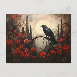 Gothic Raven with Dark Red Roses Postcard