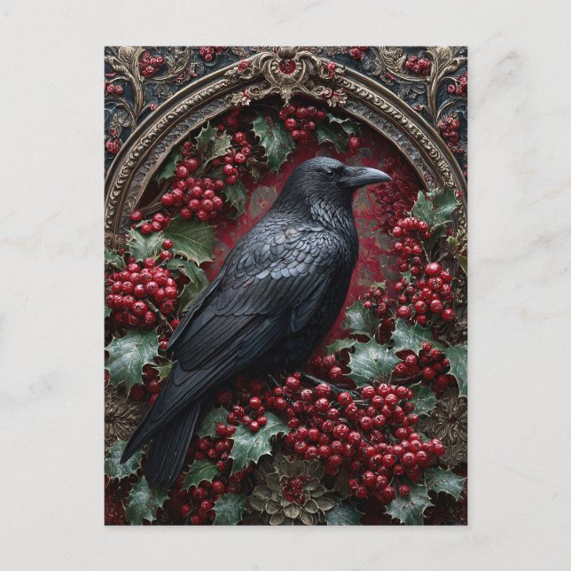 Gothic Raven with Holly and Berries Postcard (Front)