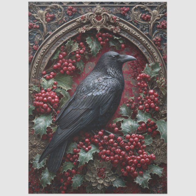 Gothic Raven with Holly and Berries Tissue Paper (Front)