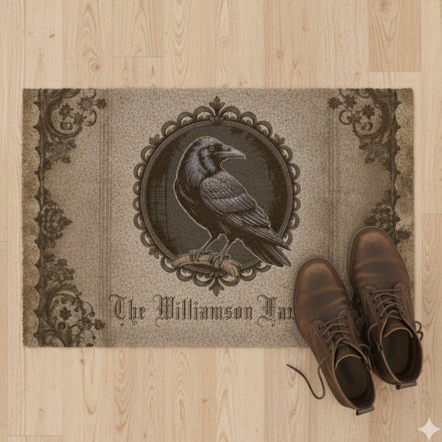 Gothic Raven with Name Fiber Doormat (Personalized black raven door mat)
