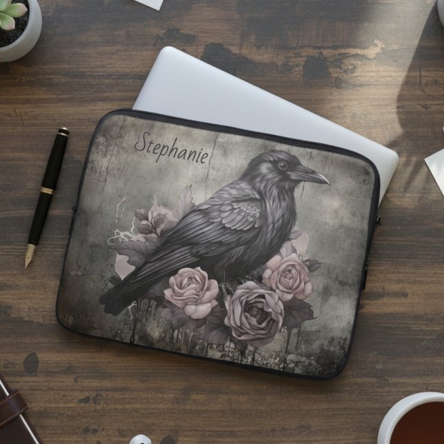 Gothic Raven with Roses Dark Laptop Sleeve (Black raven with roses personalized laptop sleeve)
