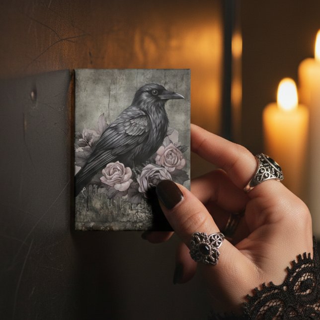 Gothic Raven with Roses Dark Magnet (Dark black raven with roses refrigerator magnet)
