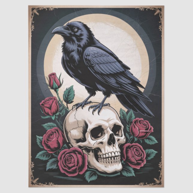 Gothic Raven with Skull and Roses Decoupage Tissue Paper (Front)