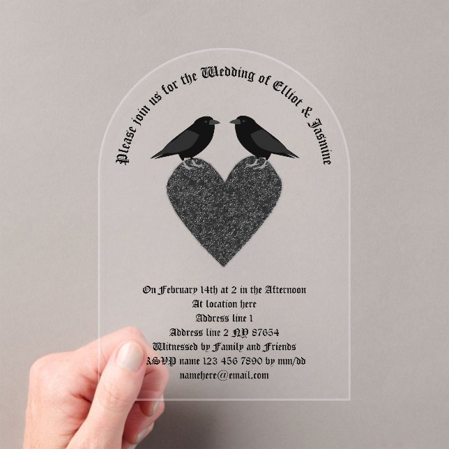 Gothic Ravens and Black Heart Custom Wedding Acrylic Invitations (Insitu (Handheld))