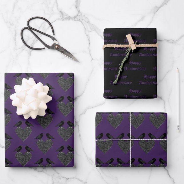 Gothic Ravens and Black Heart Custom Wrapping Paper Sheets (Front)