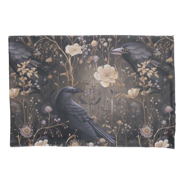 Gothic Ravens & Flowers Pattern Pillow Case (Front)