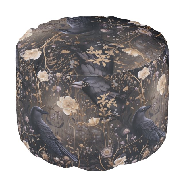 Gothic Ravens & Flowers Pattern Pouf (Angled Front)