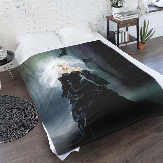 Gothic Ravens Forest Woman Black Fleece Blanket (Creator Uploaded)