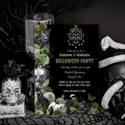 Gothic Ravens Skulls Green Roses Halloween Invitation