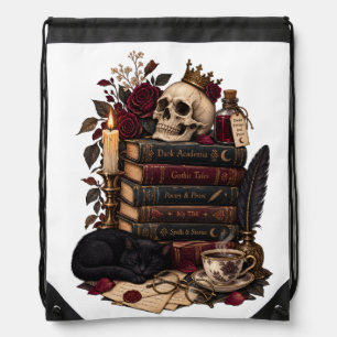 Gothic Reader Literary Bookworm Skull & Roses Drawstring Bag
