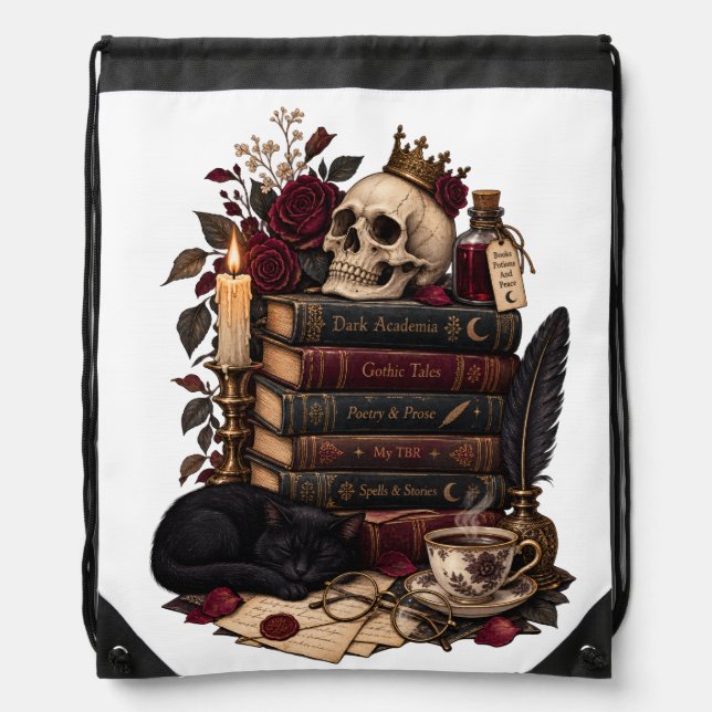Gothic Reader Literary Bookworm Skull & Roses Drawstring Bag (Front)
