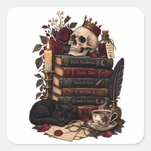 Gothic Reader Literary Bookworm Skull & Roses Square Sticker