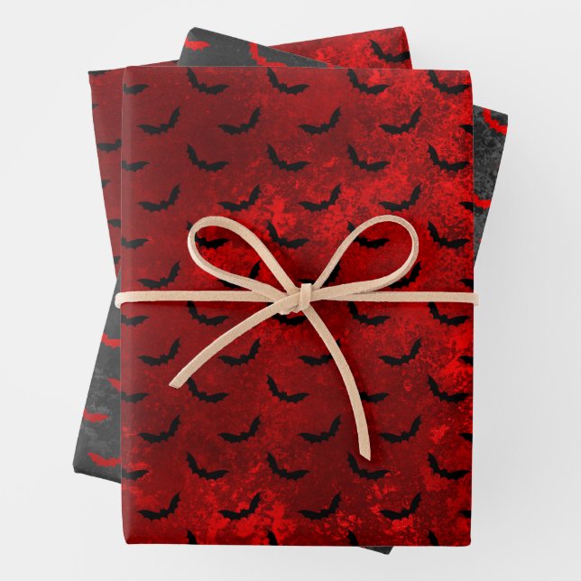 Gothic Red and Black Bat Wrapping Paper (In situ)
