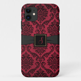 Gothic Red and Black Damask Monogrammed iPhone 11 Case