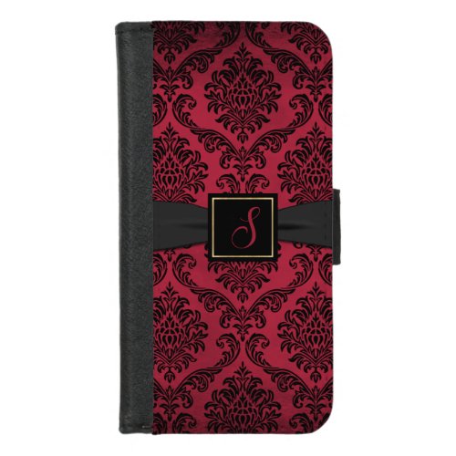 Gothic Red and Black Damask Monogrammed iPhone 87 Wallet Case