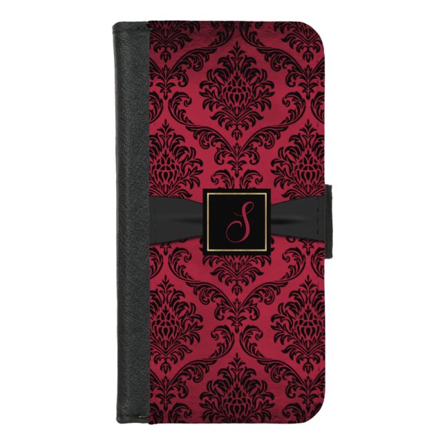 Gothic Red and Black Damask Monogrammed iPhone Wallet Case (Front)