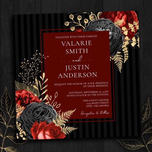 Gothic Red and Black Floral Budget Wedding Invitation