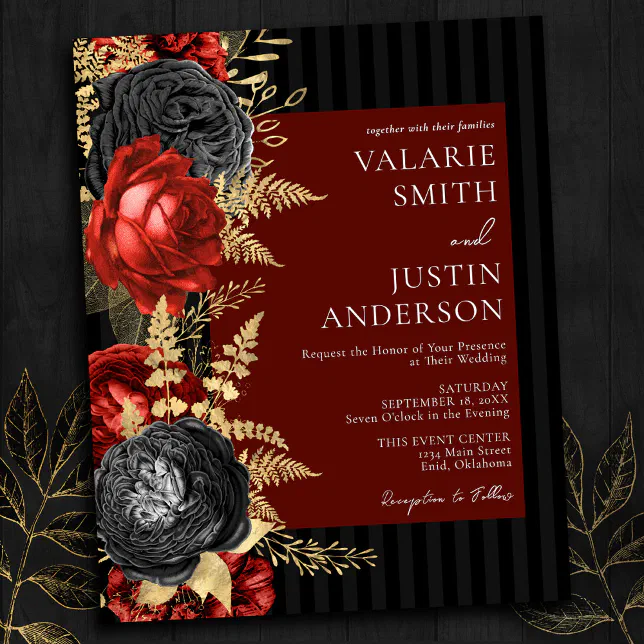 Gothic Red and Black Floral Wedding Invitation | Zazzle
