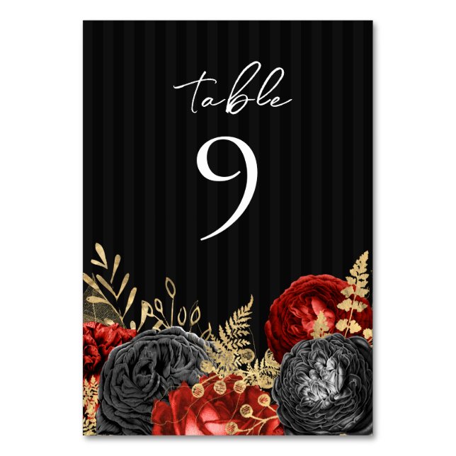 Gothic Red and Black Floral Wedding Table Number (Front)