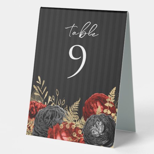 Gothic Red and Black Floral Wedding Table Number Table Tent Sign