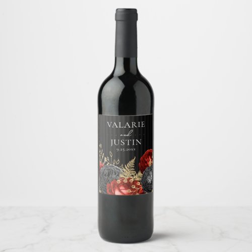 Gothic Red and Black Floral Wedding Wine Label