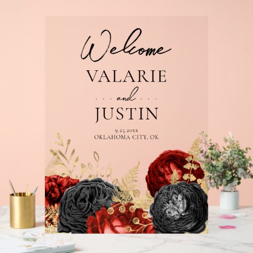 Gothic Red and Black Floral Welcome Wedding Acrylic Sign