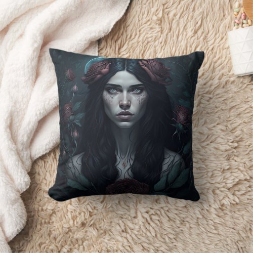 Gothic Red and Black Roses Moon Goddess Throw Pillow