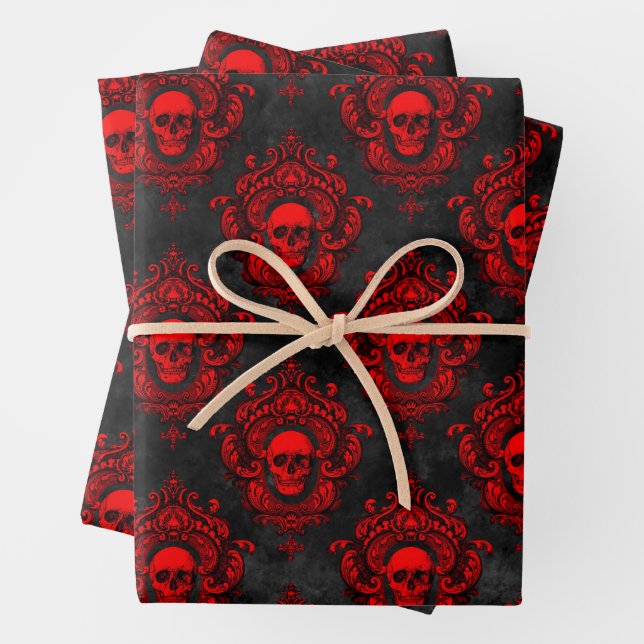 Gothic Red and Black Skull Wrapping Paper (In situ)