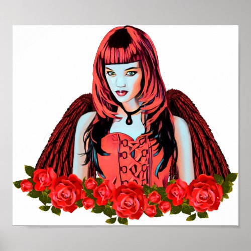 Gothic Red Angel Roses Flowers Original Art Poster