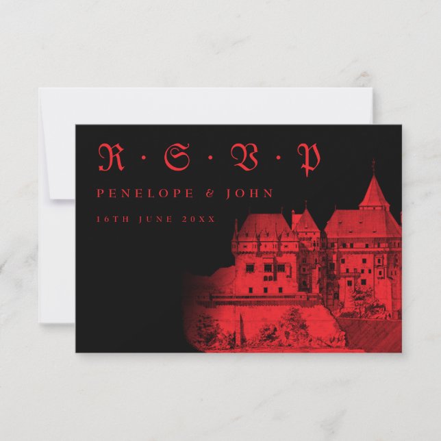 Gothic Red Black Castle Destination Wedding RSVP Card (Front)