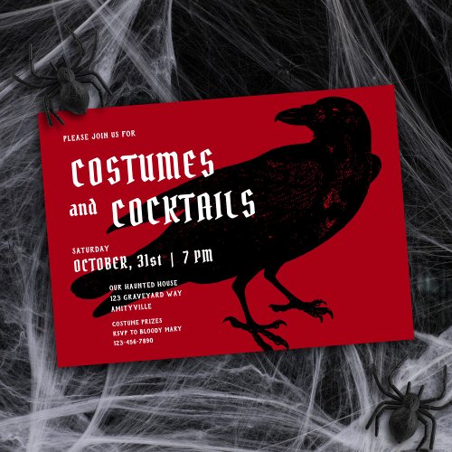 Gothic Red Black Crow Raven Adult Halloween Party Invitation