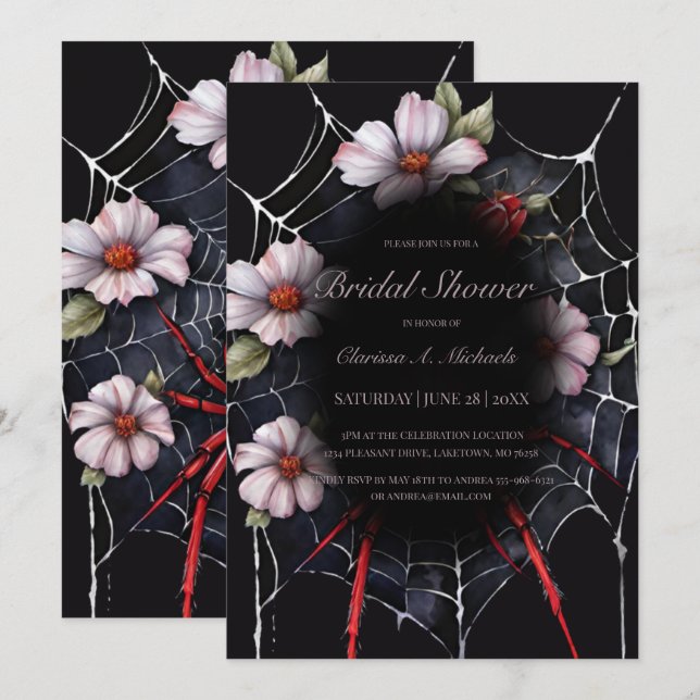 Gothic Red & Black Floral Spider Web Bridal Shower Invitation (Front/Back)