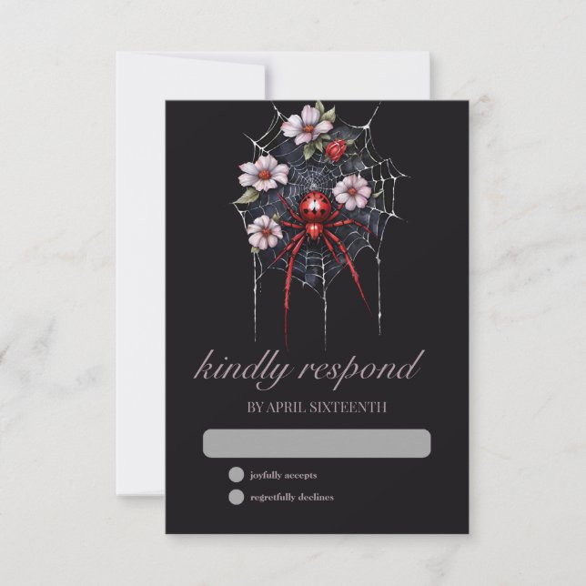Gothic Red & Black Floral Spider Web Handfasting RSVP Card (Front)