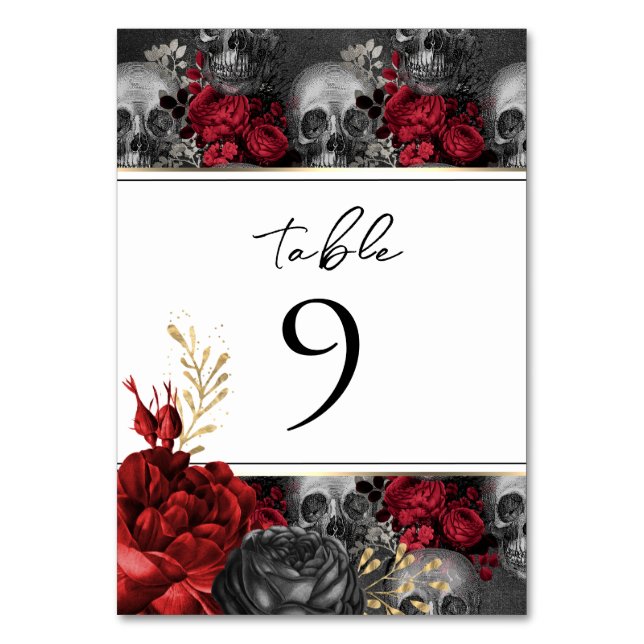 Gothic Red Black Floral Wedding Table Number (Front)