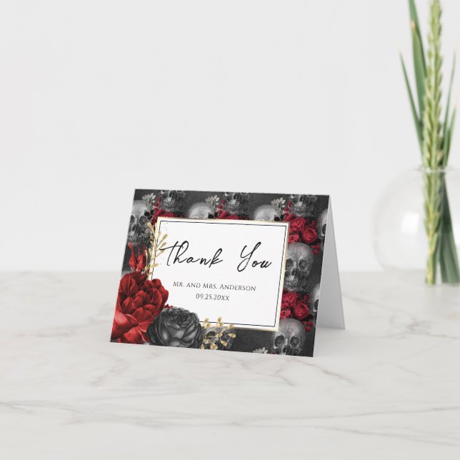 Gothic Red Black Floral Wedding Thank You Card (Front)