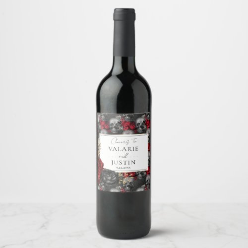 Gothic Red Black Floral Wedding Wine Label