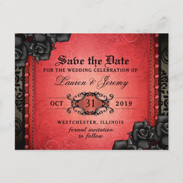 Gothic Red & Black Halloween Save Date PostCard (Front)