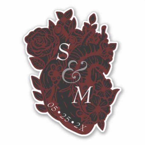 Gothic Red  Black Heart Flowers Wedding Sticker