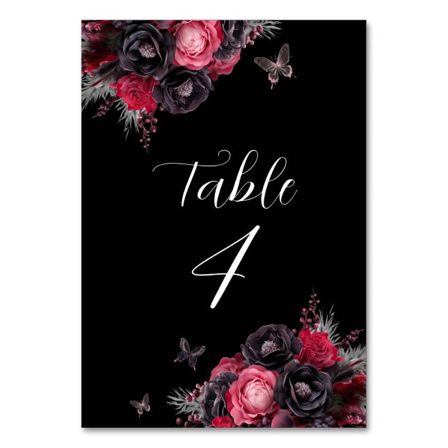 Gothic Red & Black Moody Florals Quinceañera Table Number (Front)