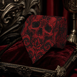 Gothic Red & Black Skull Damask Seamless Pattern Neck Tie