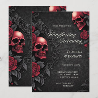 Gothic Red & Black Skull & Rose Damask Handfasting Invitation