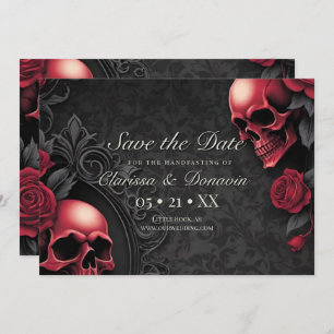 Gothic Red & Black Skull & Rose Damask Handfasting Save The Date