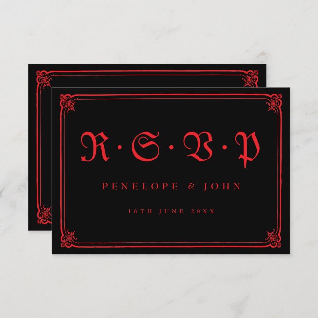 Gothic Red Black Typography Wedding RSVP Card (Front/Back)
