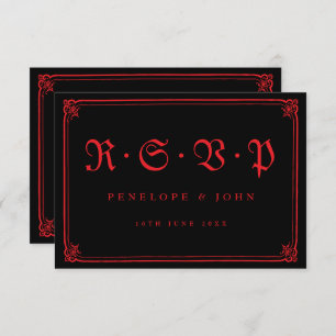 Gothic Red Black Typography Wedding RSVP Card