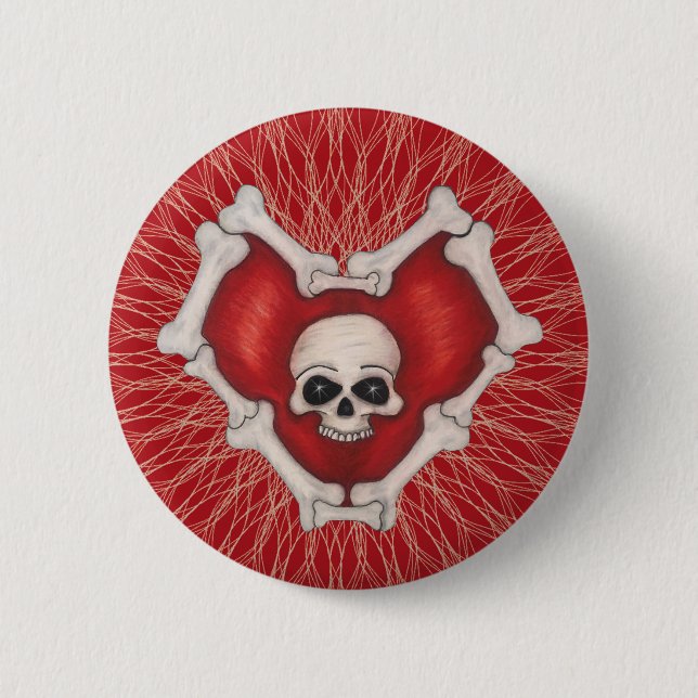 Gothic Red Bone Heart Skull in Center Spiral Lines Button (Front)