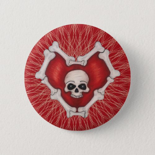 Gothic Red Bone Heart Skull in Center Spiral Lines Button