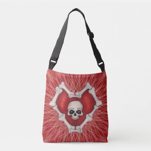 Gothic Red Bone Heart With Skull on Spirals Crossbody Bag