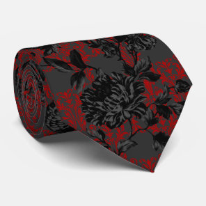 Gothic Red Damask Gray Black Floral Wedding Neck Tie