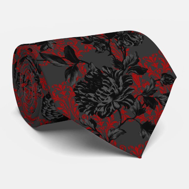Gothic Red Damask Gray Black Floral Wedding  Neck Tie (Rolled)