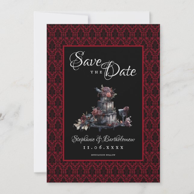 Gothic Red Damask Photo Save The Date (Front)